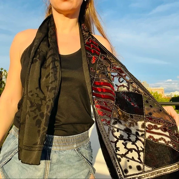 Oscar de la Renta Vintage Royal Velvet Cut Out Mesh Art Long Rectangle Scarf - Picture 10 of 16